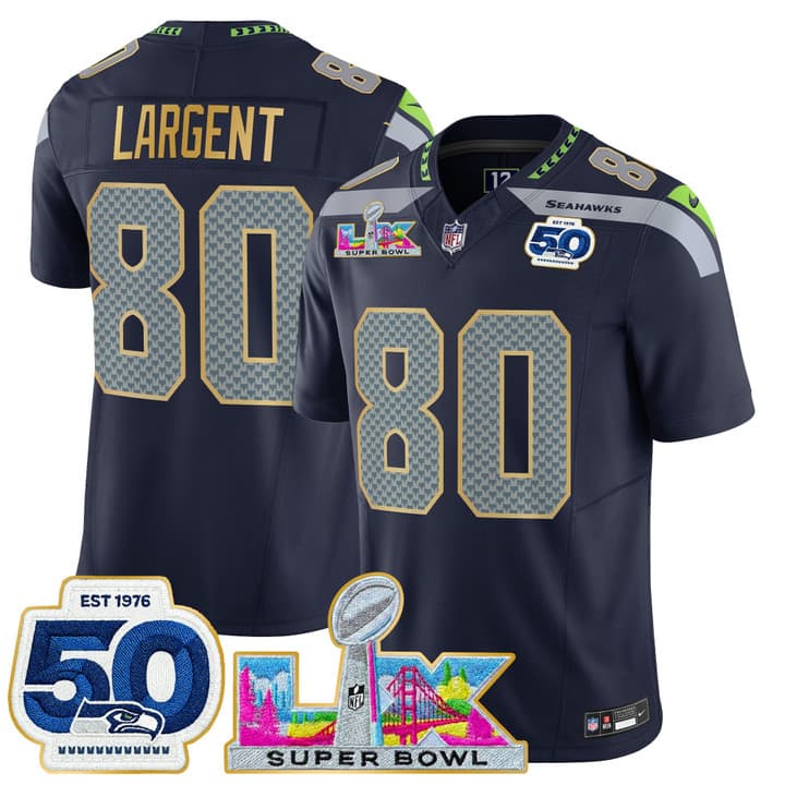 Men's Seattle Seahawks Super Bowl LX & 50th Patch Gold Trim Vapor Limited Jersey - All Stitched Steve Largent 80