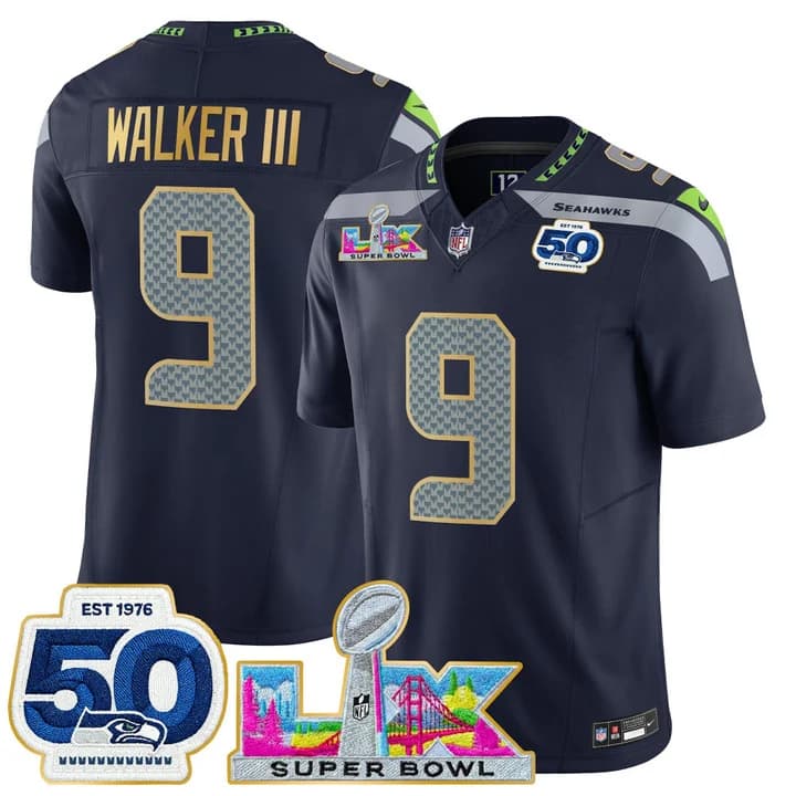 Men's Seattle Seahawks Super Bowl LX & 50th Patch Gold Trim Vapor Limited Jersey - All Stitched Walker III 9