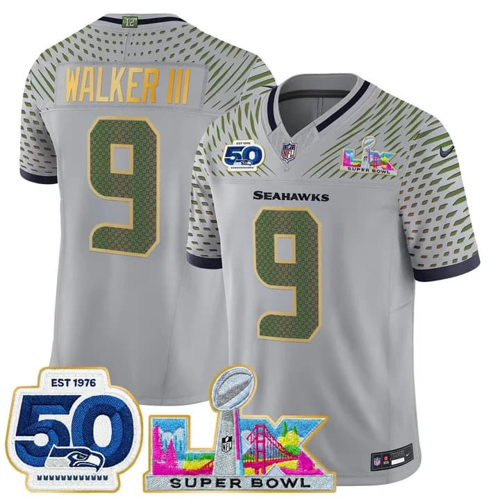 Men's Seattle Seahawks Super Bowl LX & 50th Patch Gold Trim Vapor Limited Jersey - All Stitched Walker III9