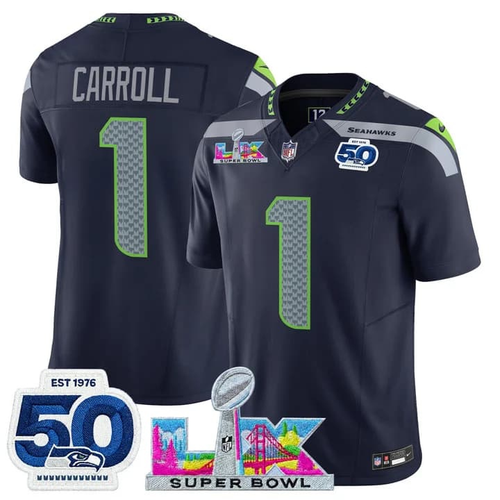 Men's Seattle Seahawks Super Bowl LX & 50th Patch Vapor Limited Jersey - All Stitched 1 Pete Carroll