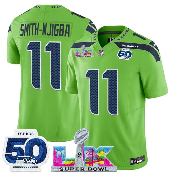 Men's Seattle Seahawks Super Bowl LX & 50th Patch Vapor Limited Jersey - All Stitched 11  Smith-Njigba