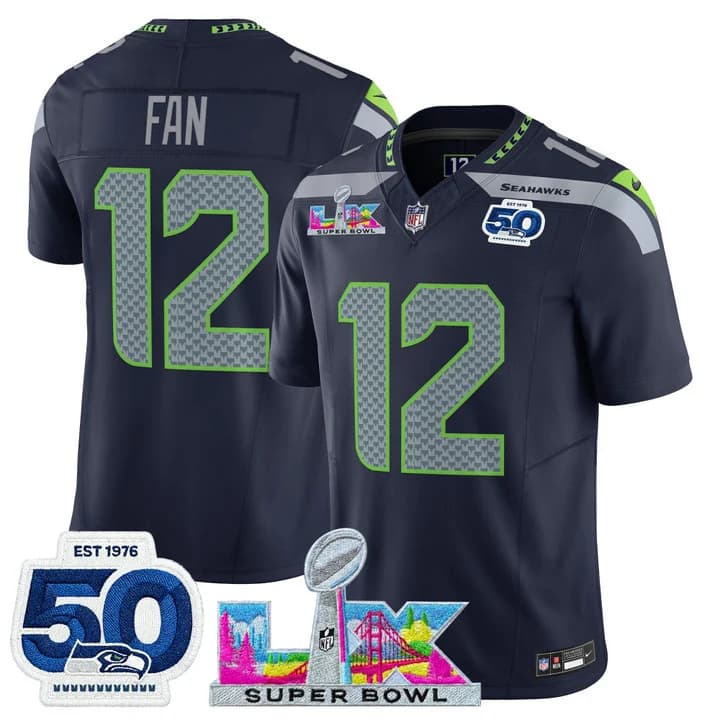 Men's Seattle Seahawks Super Bowl LX & 50th Patch Vapor Limited Jersey - All Stitched 12th Fan #12