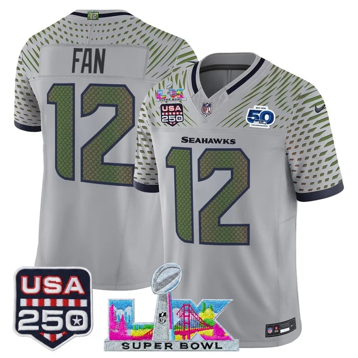 Men's Seattle Seahawks Super Bowl LX & United States 250th Anniversary Patch Vapor Limited Jersey - All Stitched  #12th Fan