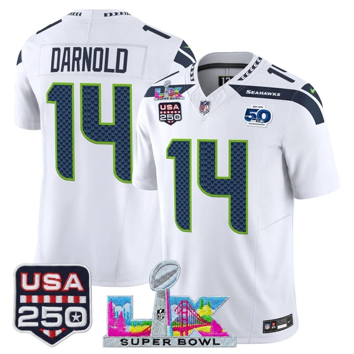 Men's Seattle Seahawks Super Bowl LX & United States 250th Anniversary Patch Vapor Limited Jersey - All Stitched  14 Sam Darnold