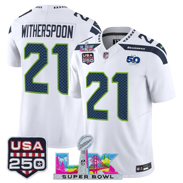 Men's Seattle Seahawks Super Bowl LX & United States 250th Anniversary Patch Vapor Limited Jersey - All Stitched  21 Devon Witherspoon