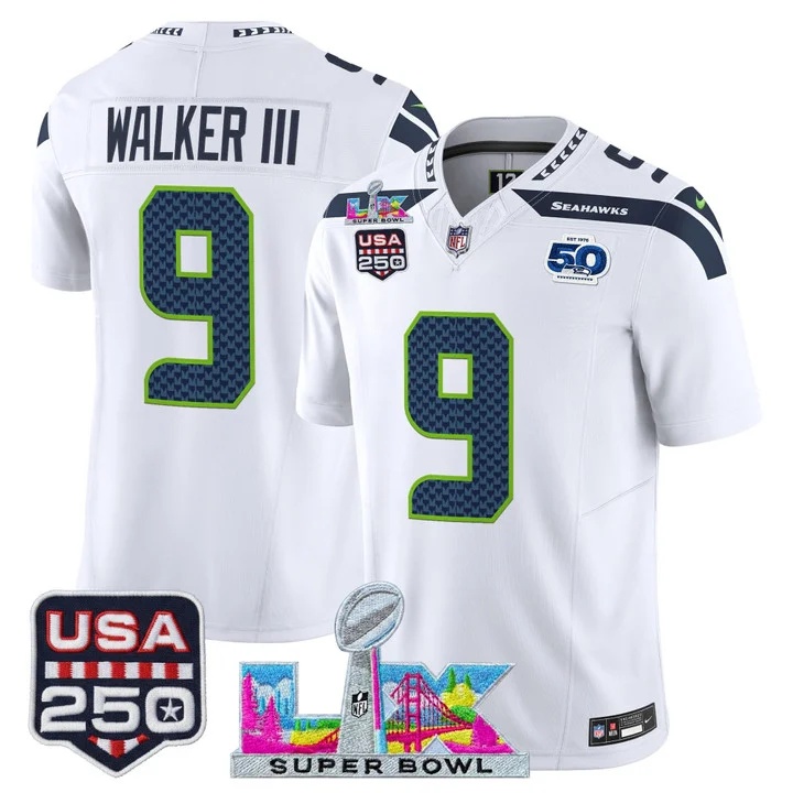 Men's Seattle Seahawks Super Bowl LX & United States 250th Anniversary Patch Vapor Limited Jersey - All Stitched  9  Walker III