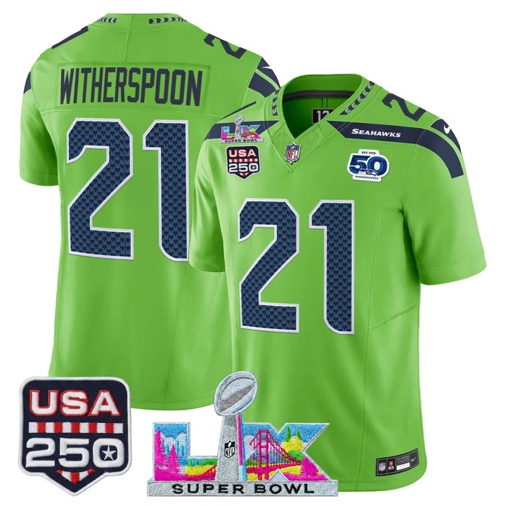 Men's Seattle Seahawks Super Bowl LX & United States 250th Anniversary Patch Vapor Limited Jersey - All Stitched  Devon Witherspoon    21