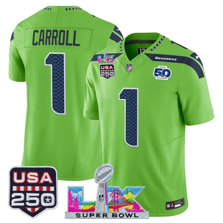 Men's Seattle Seahawks Super Bowl LX & United States 250th Anniversary Patch Vapor Limited Jersey - All Stitched  Pete Carroll    1