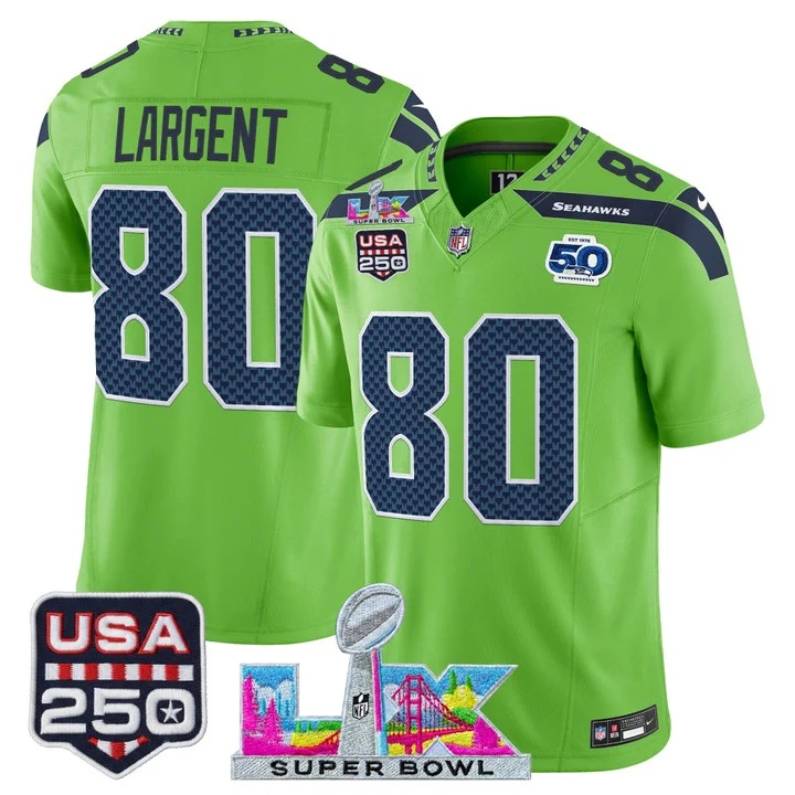 Men's Seattle Seahawks Super Bowl LX & United States 250th Anniversary Patch Vapor Limited Jersey - All Stitched  Steve Largent   80