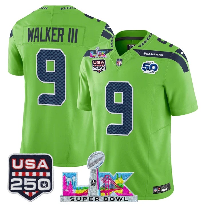 Men's Seattle Seahawks Super Bowl LX & United States 250th Anniversary Patch Vapor Limited Jersey - All Stitched  Walker III    9