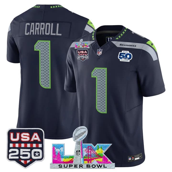 Men's Seattle Seahawks Super Bowl LX & United States 250th Anniversary Patch Vapor Limited Jersey - All Stitched Pete Carroll