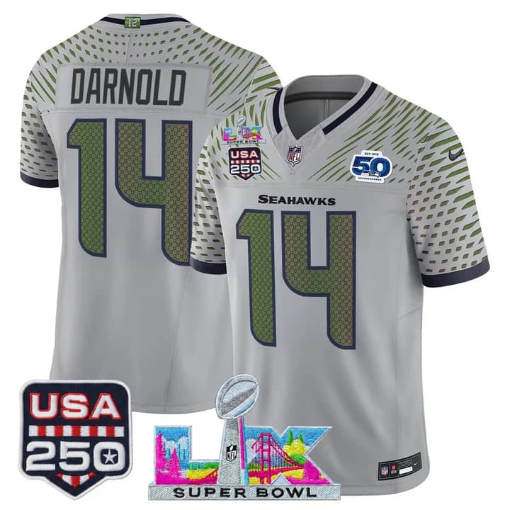 Men's Seattle Seahawks Super Bowl LX & United States 250th Anniversary Patch Vapor Limited Jersey - All Stitched Sam Darnold   14