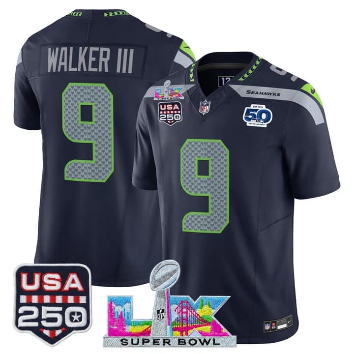 Men's Seattle Seahawks Super Bowl LX & United States 250th Anniversary Patch Vapor Limited Jersey - All Stitched Walker III