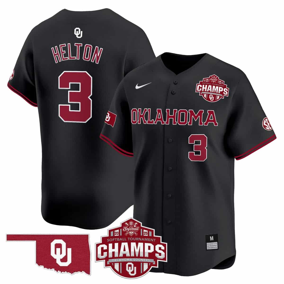 Men's Size - Oklahoma Sooners 2025 SEC Softball Conference Tournament Champions Patch Vapor Premier Limited Jersey - All Stitched Chaney Helton  3