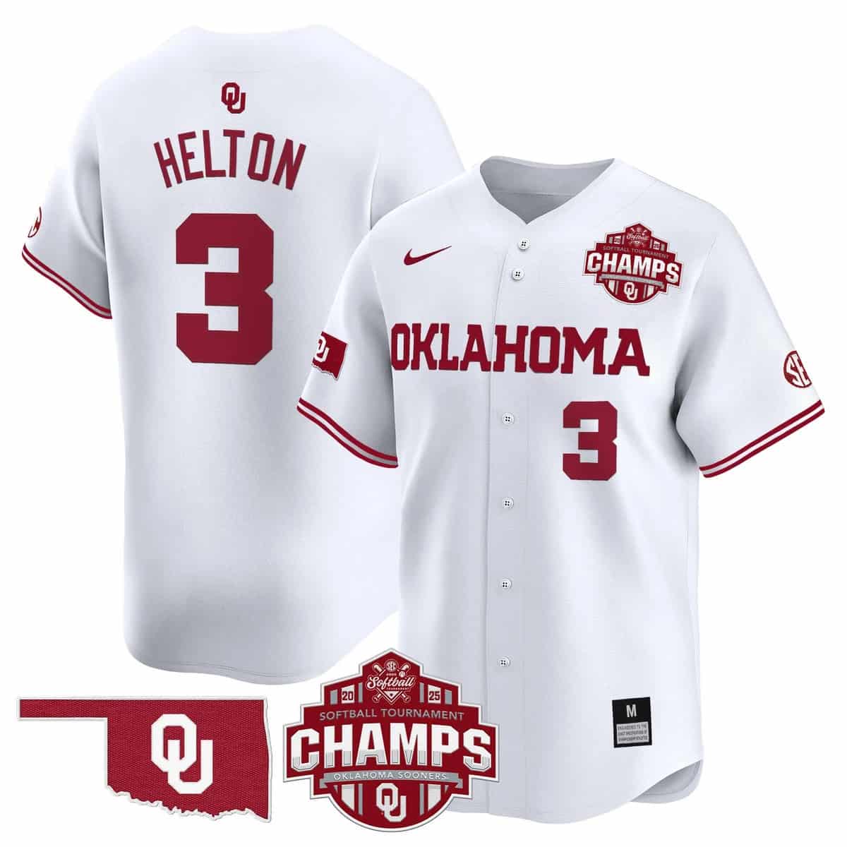 Men's Size - Oklahoma Sooners 2025 SEC Softball Conference Tournament Champions Patch Vapor Premier Limited Jersey - All Stitched Chaney Helton 3