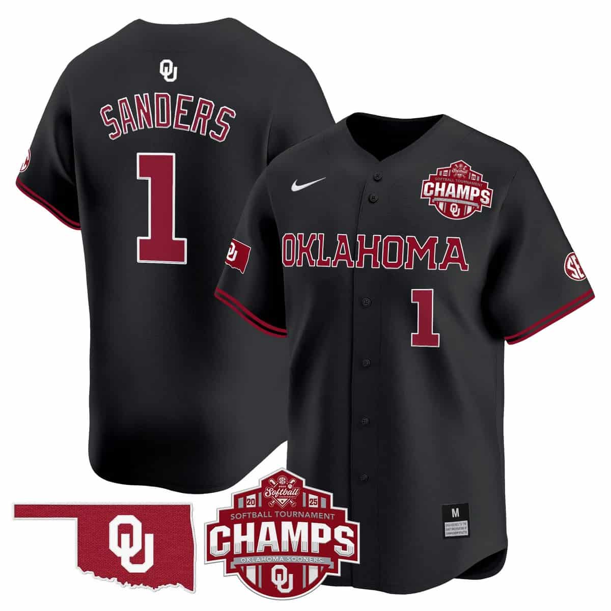 Men's Size - Oklahoma Sooners 2025 SEC Softball Conference Tournament Champions Patch Vapor Premier Limited Jersey - All Stitched Cydney Sanders   1