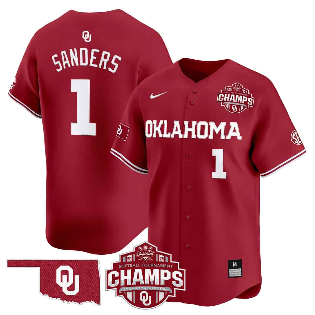 Men's Size - Oklahoma Sooners 2025 SEC Softball Conference Tournament Champions Patch Vapor Premier Limited Jersey - All Stitched Cydney Sanders