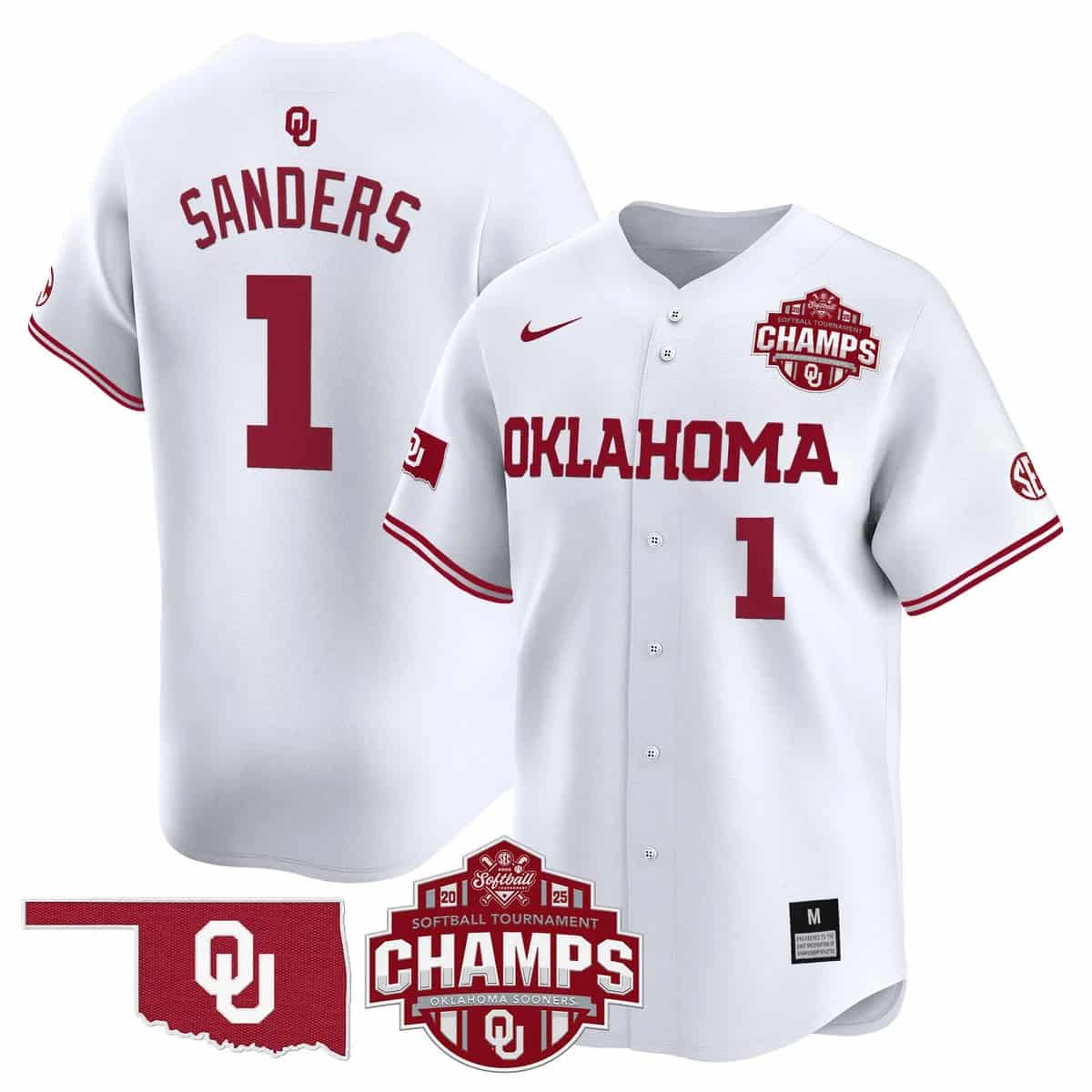 Men's Size - Oklahoma Sooners 2025 SEC Softball Conference Tournament Champions Patch Vapor Premier Limited Jersey - All Stitched Cydney Sanders 1