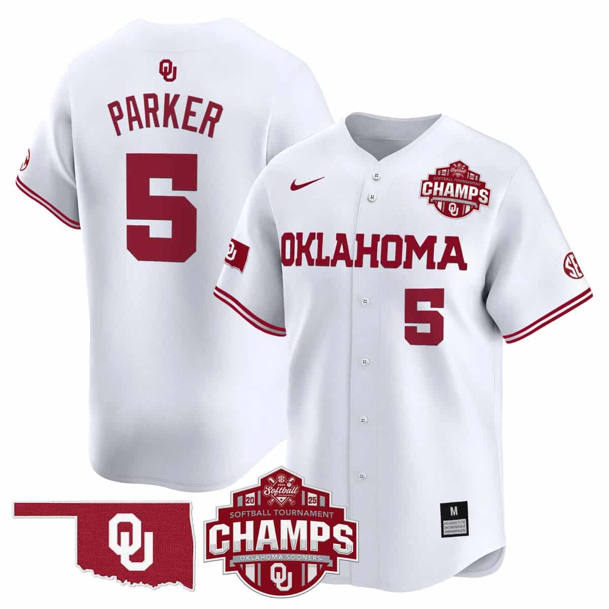 Men's Size - Oklahoma Sooners 2025 SEC Softball Conference Tournament Champions Patch Vapor Premier Limited Jersey - All Stitched Ella Parker  5
