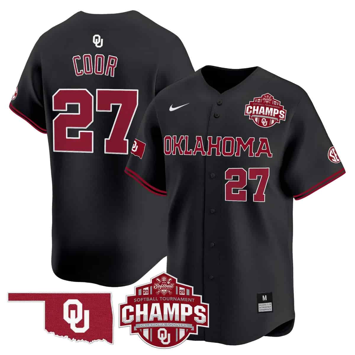 Men's Size - Oklahoma Sooners 2025 SEC Softball Conference Tournament Champions Patch Vapor Premier Limited Jersey - All Stitched Hannah Coor   27