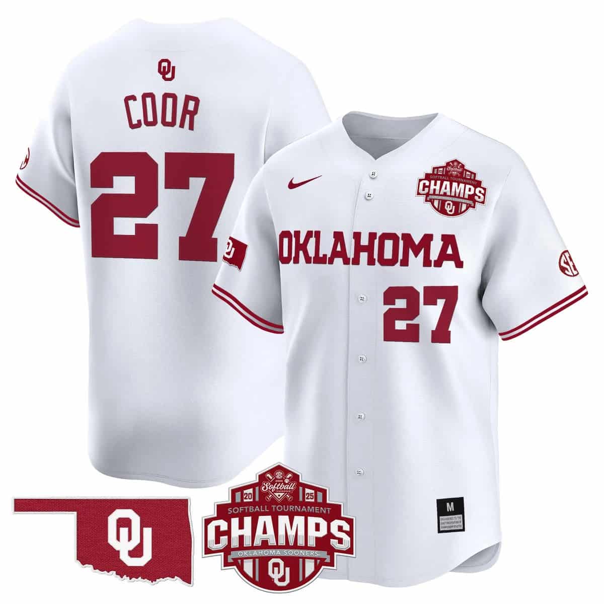 Men's Size - Oklahoma Sooners 2025 SEC Softball Conference Tournament Champions Patch Vapor Premier Limited Jersey - All Stitched Hannah Coor 27