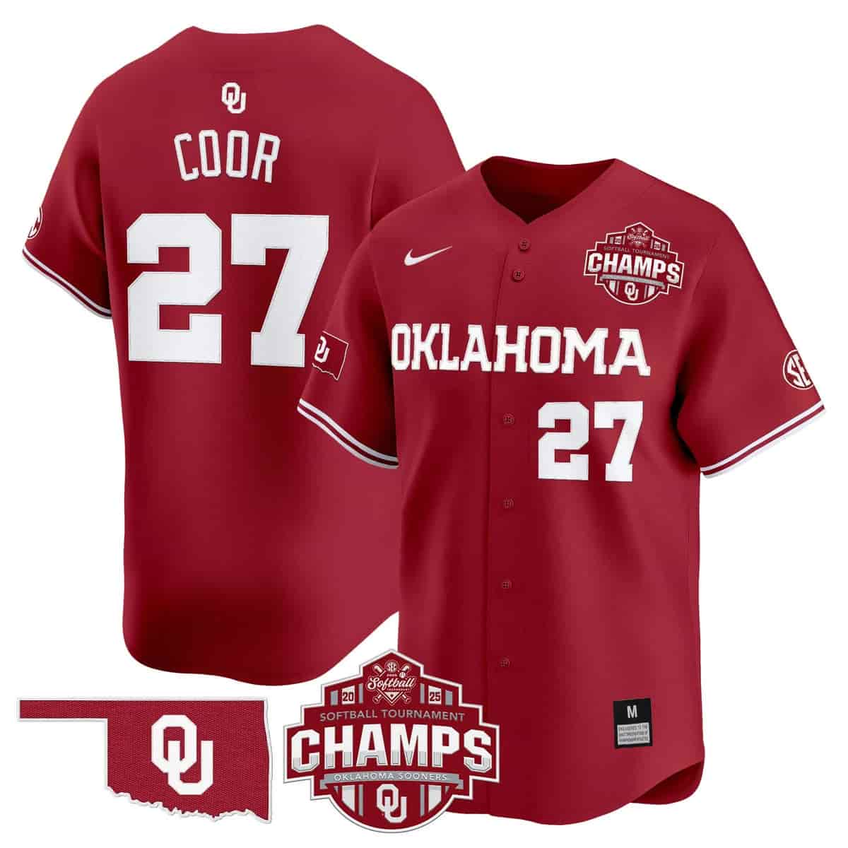 Men's Size - Oklahoma Sooners 2025 SEC Softball Conference Tournament Champions Patch Vapor Premier Limited Jersey - All Stitched Hannah Coor