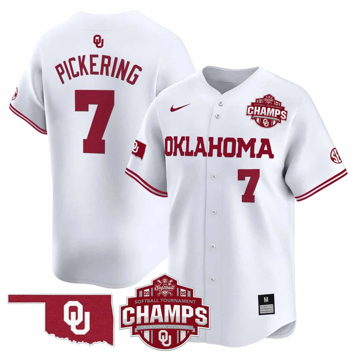 Men's Size - Oklahoma Sooners 2025 SEC Softball Conference Tournament Champions Patch Vapor Premier Limited Jersey - All Stitched Kasidi Pickering 7