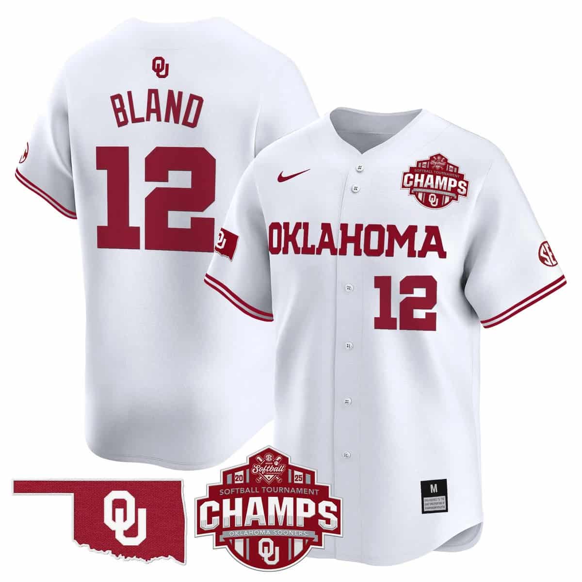 Men's Size - Oklahoma Sooners 2025 SEC Softball Conference Tournament Champions Patch Vapor Premier Limited Jersey - All Stitched Maya Bland  12
