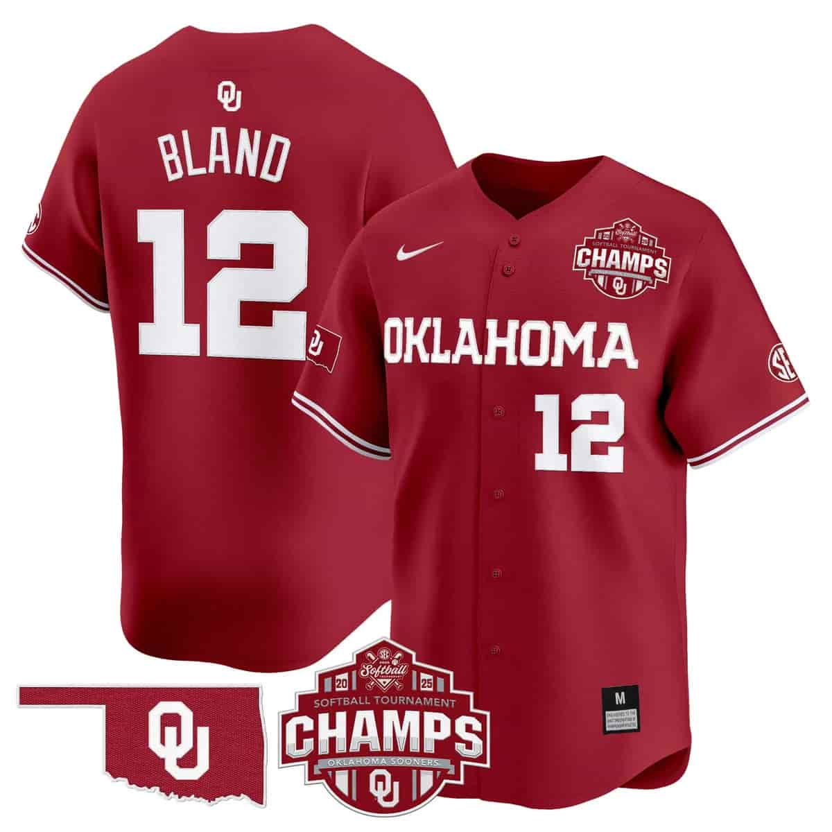 Men's Size - Oklahoma Sooners 2025 SEC Softball Conference Tournament Champions Patch Vapor Premier Limited Jersey - All Stitched Maya Bland
