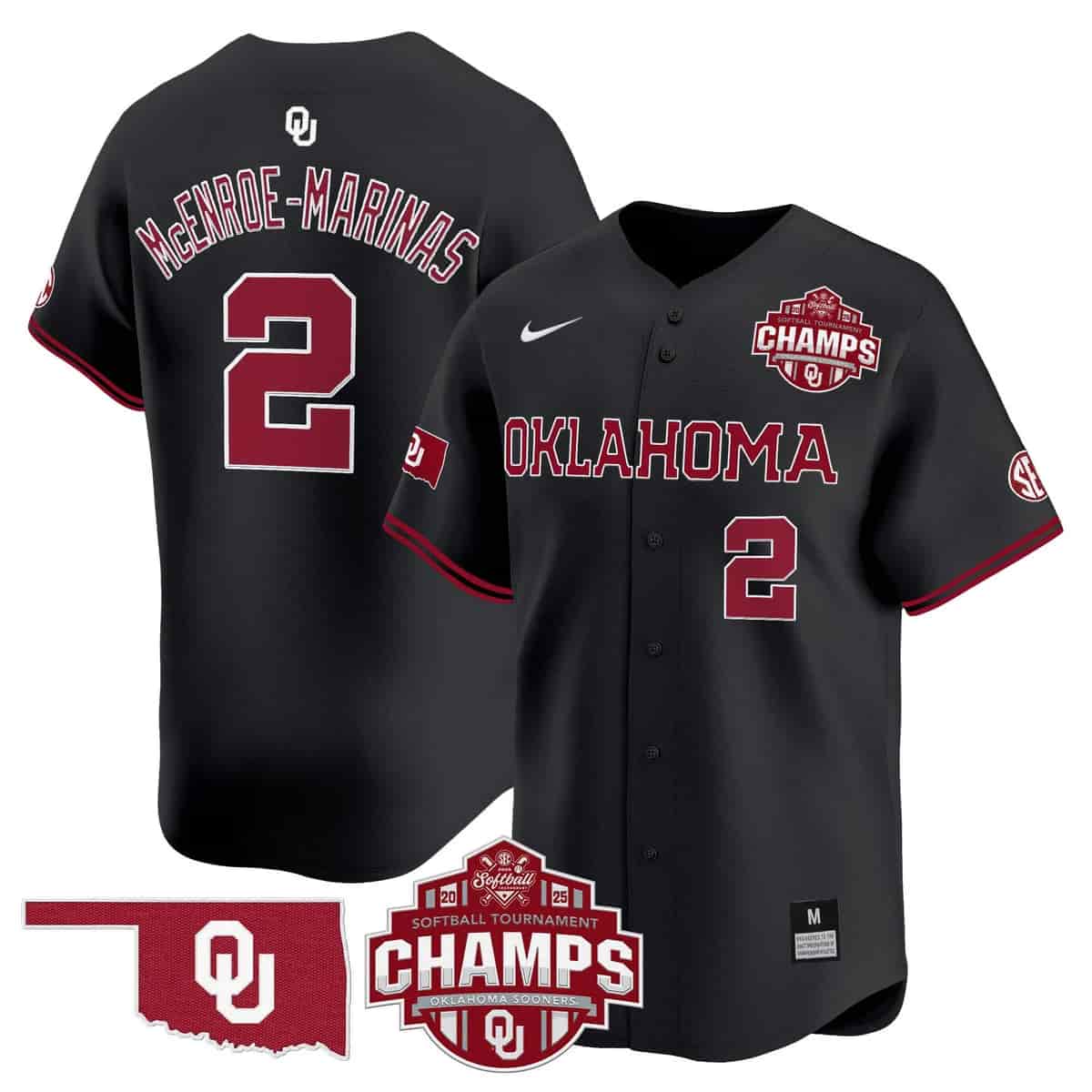 Men's Size - Oklahoma Sooners 2025 SEC Softball Conference Tournament Champions Patch Vapor Premier Limited Jersey - All Stitched McEnroe-Marinas   2