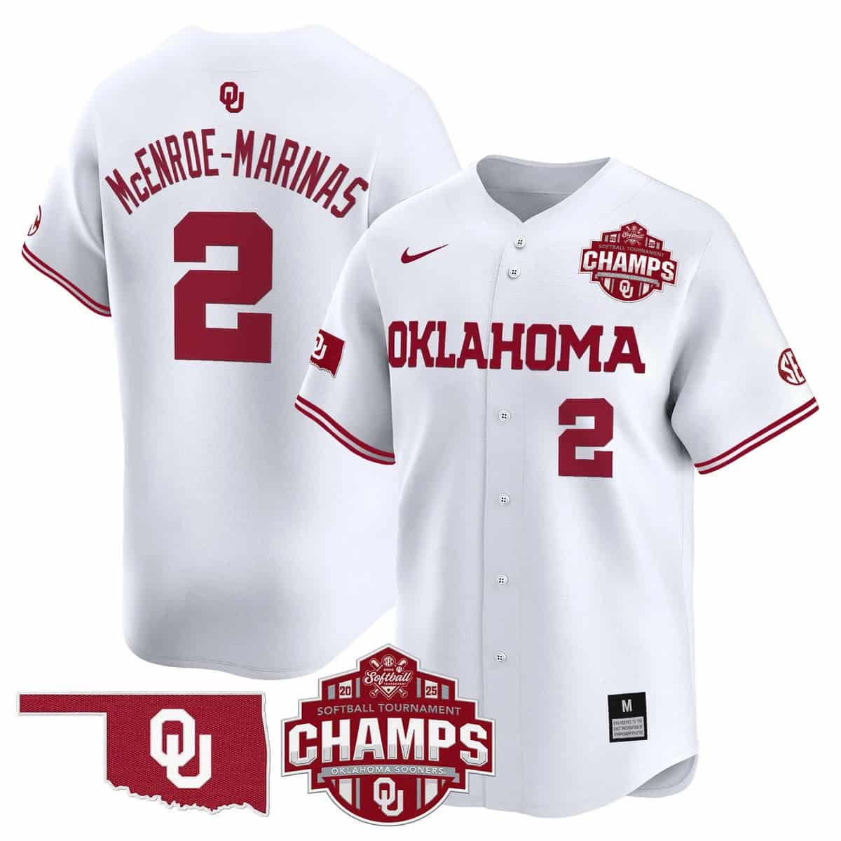 Men's Size - Oklahoma Sooners 2025 SEC Softball Conference Tournament Champions Patch Vapor Premier Limited Jersey - All Stitched McEnroe-Marinas 2
