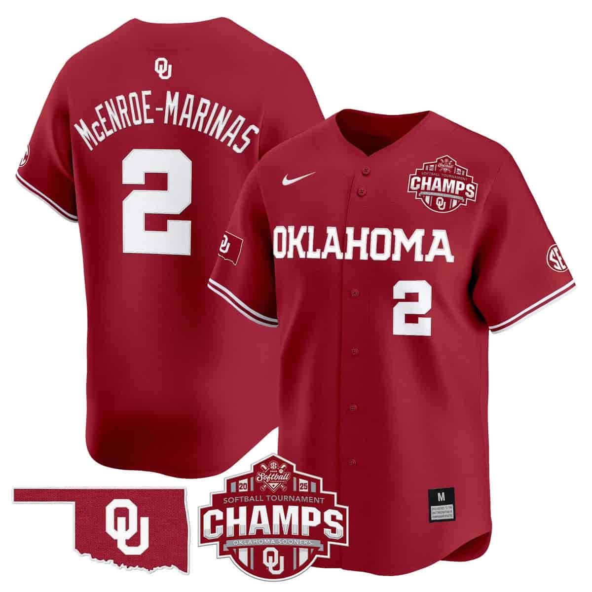 Men's Size - Oklahoma Sooners 2025 SEC Softball Conference Tournament Champions Patch Vapor Premier Limited Jersey - All Stitched McEnroe-Marinas