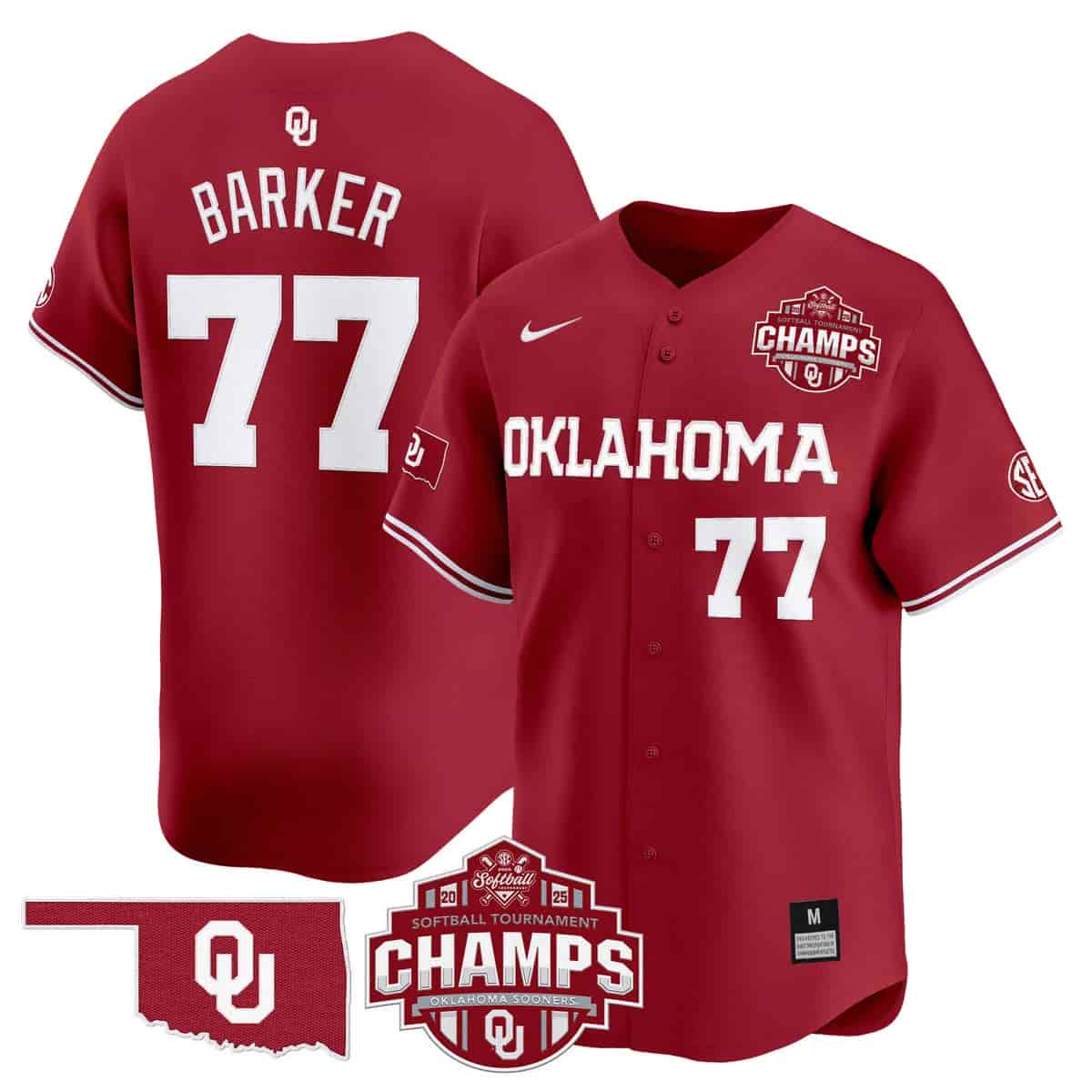 Men's Size - Oklahoma Sooners 2025 SEC Softball Conference Tournament Champions Patch Vapor Premier Limited Jersey - All Stitched Sydney Barker