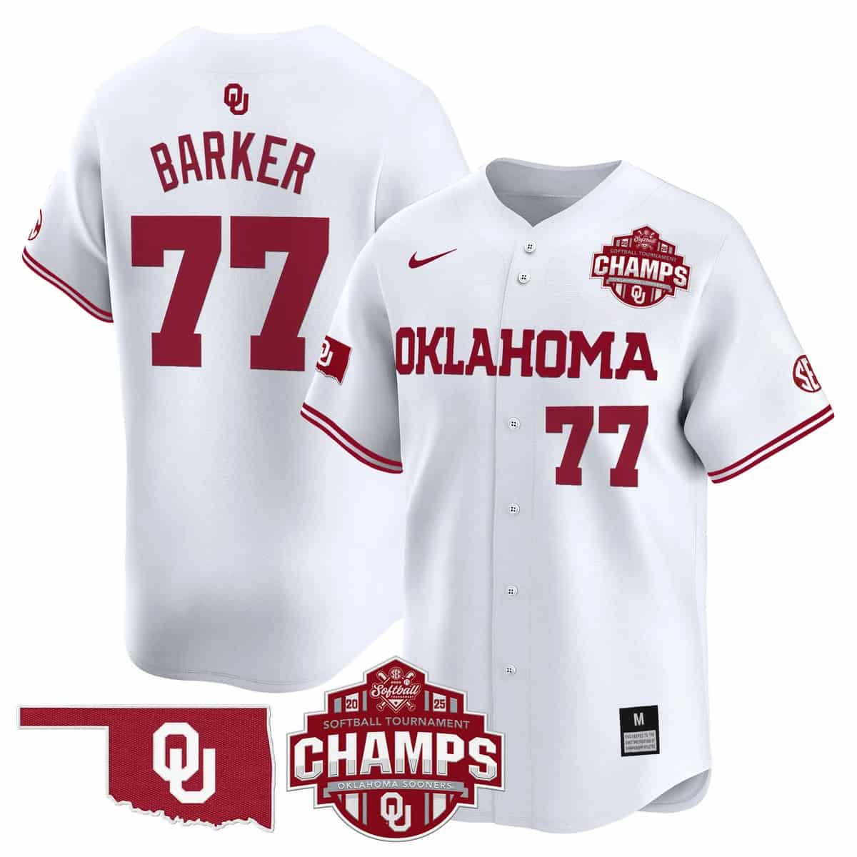 Men's Size - Oklahoma Sooners 2025 SEC Softball Conference Tournament Champions Patch Vapor Premier Limited Jersey - All Stitched Sydney Barker 77