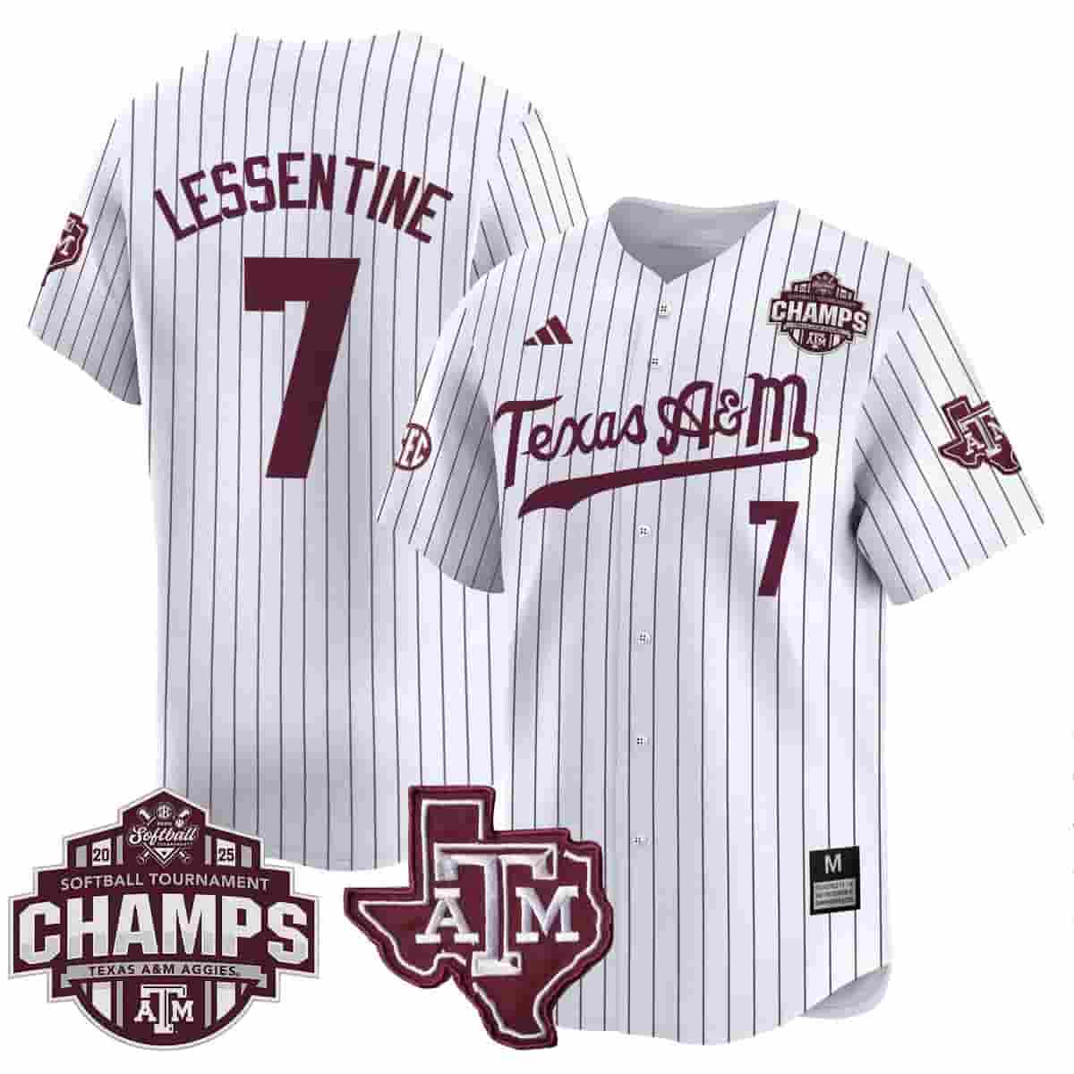 Men's Size - Texas A&M Aggies 2025 SEC Softball Conference Tournament Champions Patch Vapor Premier Limited Jersey - All Stitched Pinstripe Sydney Lessentine