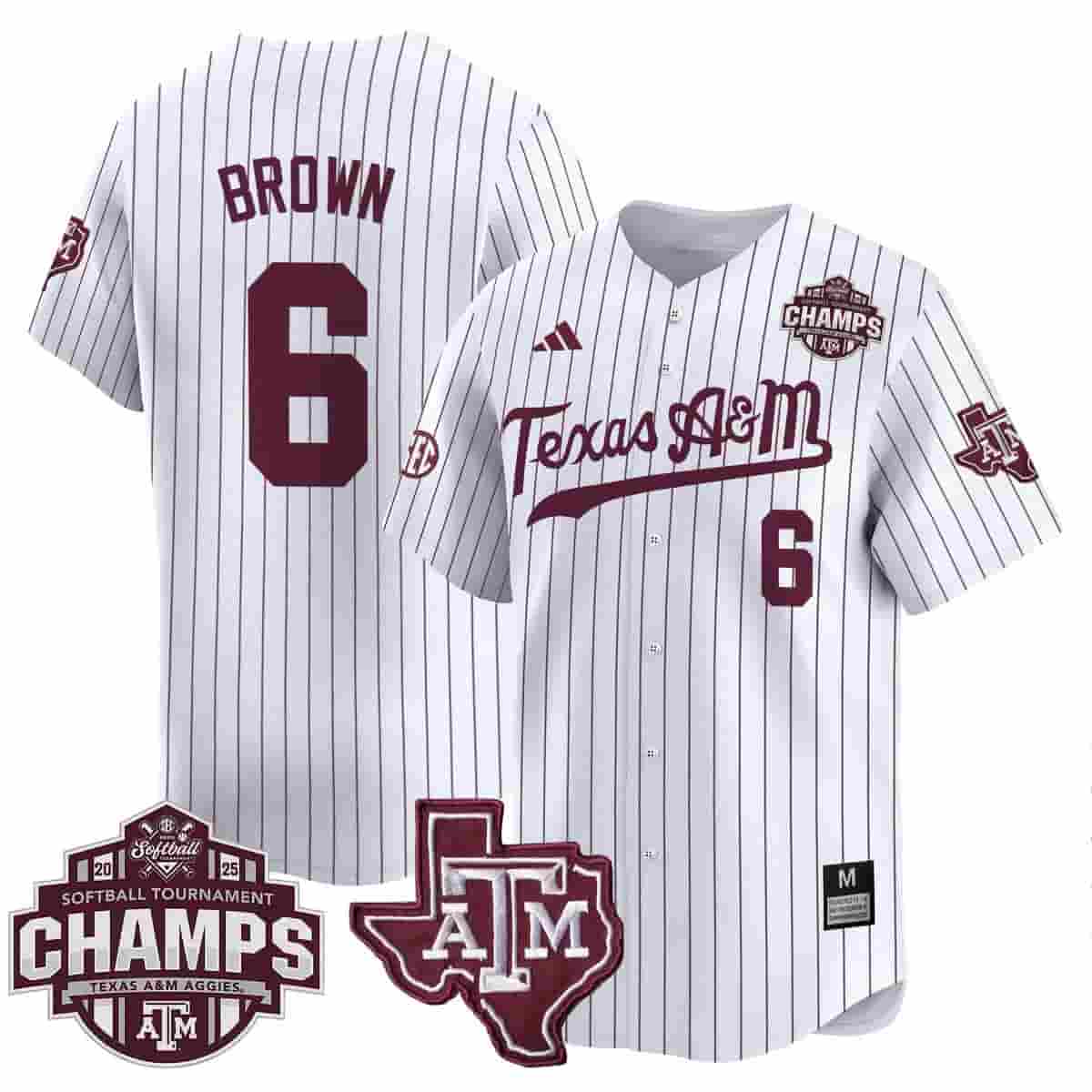 Men's Size - Texas A&M Aggies 2025 SEC Softball Conference Tournament Champions Patch Vapor Premier Limited Jersey - All Stitched Pinstripe Taylor Brown