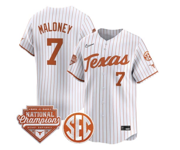 Men's Size - Texas Longhorns 2026 Back-To-Back World Series (WCWS) Champions Vapor Premier Limited Jersey - All Stitched Ashton Maloney   7