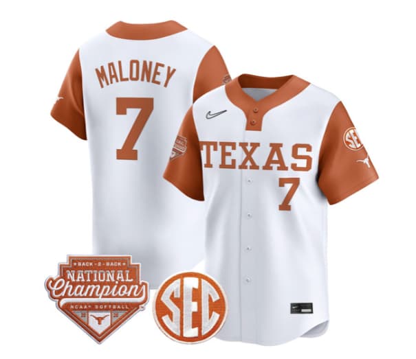 Men's Size - Texas Longhorns 2026 Back-To-Back World Series (WCWS) Champions Vapor Premier Limited Jersey - All Stitched Ashton Maloney # 7