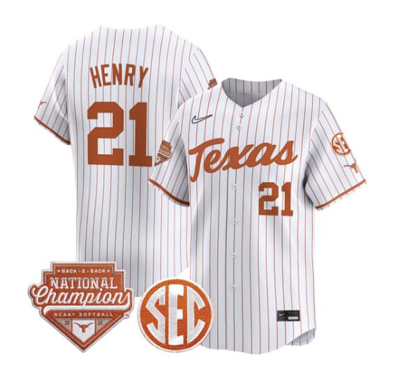 Men's Size - Texas Longhorns 2026 Back-To-Back World Series (WCWS) Champions Vapor Premier Limited Jersey - All Stitched Kayden Henry   21