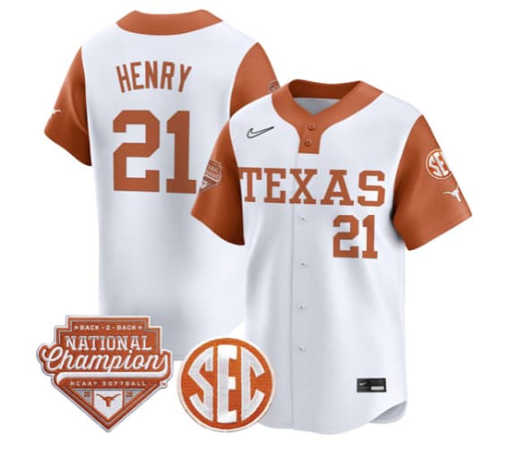 Men's Size - Texas Longhorns 2026 Back-To-Back World Series (WCWS) Champions Vapor Premier Limited Jersey - All Stitched Kayden Henry #  21