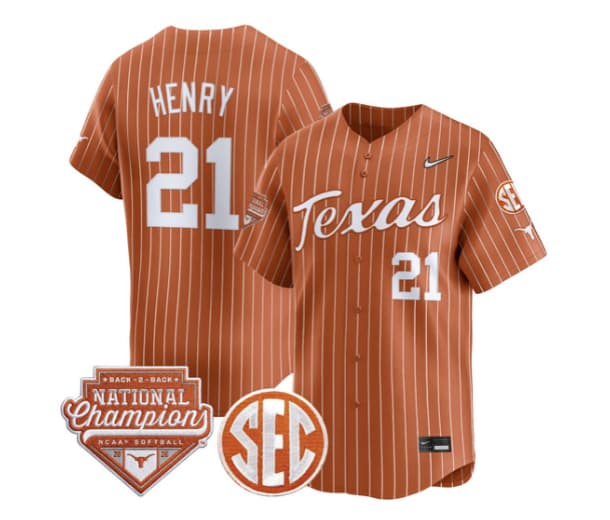 Men's Size - Texas Longhorns 2026 Back-To-Back World Series (WCWS) Champions Vapor Premier Limited Jersey - All Stitched Kayden Henry #21
