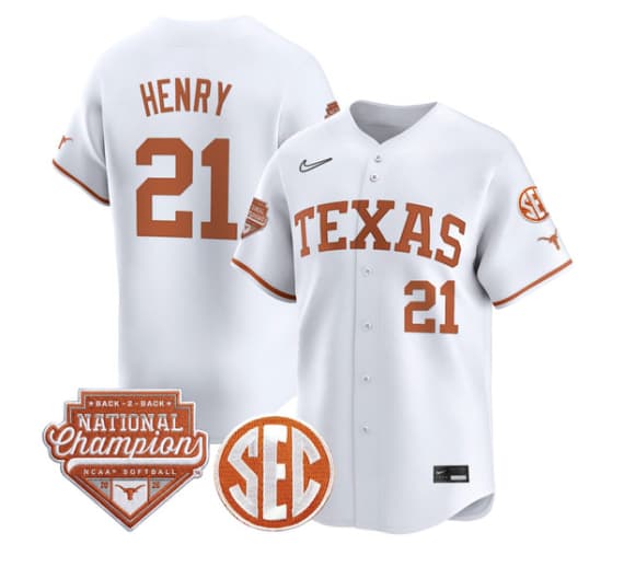 Men's Size - Texas Longhorns 2026 Back-To-Back World Series (WCWS) Champions Vapor Premier Limited Jersey - All Stitched Kayden Henry 21