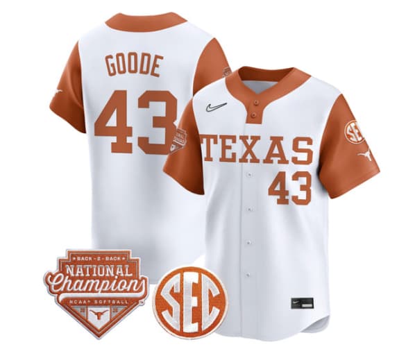 Men's Size - Texas Longhorns 2026 Back-To-Back World Series (WCWS) Champions Vapor Premier Limited Jersey - All Stitched Leighann Goode # 43