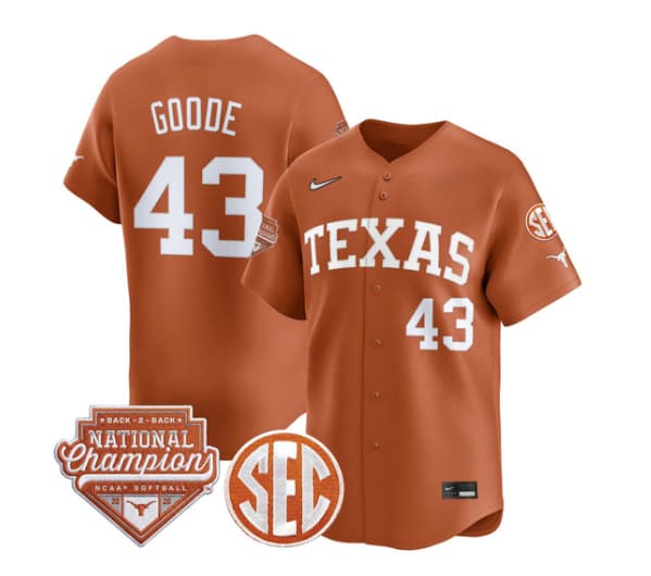 Men's Size - Texas Longhorns 2026 Back-To-Back World Series (WCWS) Champions Vapor Premier Limited Jersey - All Stitched Leighann Goode