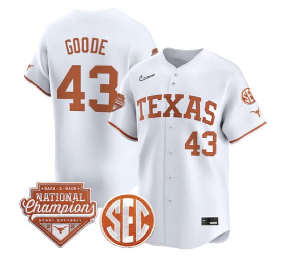 Men's Size - Texas Longhorns 2026 Back-To-Back World Series (WCWS) Champions Vapor Premier Limited Jersey - All Stitched Leighann Goode 43