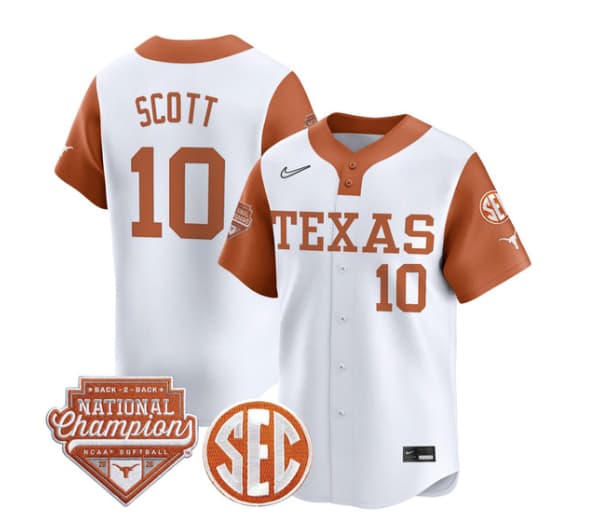 Men's Size - Texas Longhorns 2026 Back-To-Back World Series (WCWS) Champions Vapor Premier Limited Jersey - All Stitched Mia Scott #1 0