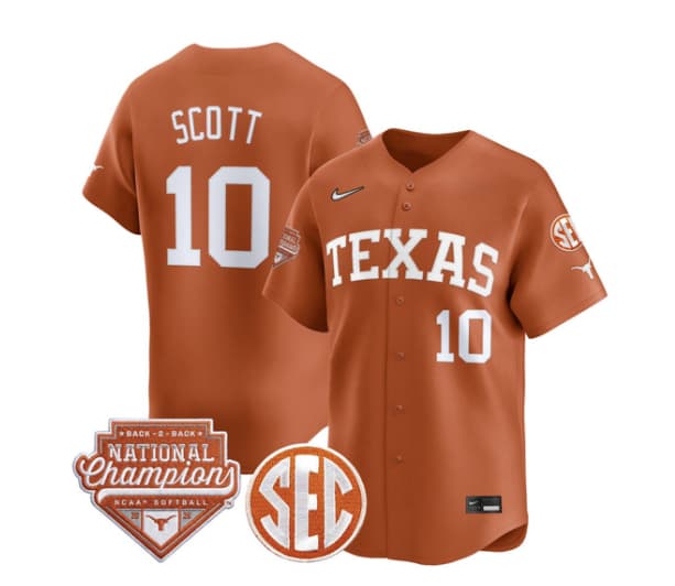 Men's Size - Texas Longhorns 2026 Back-To-Back World Series (WCWS) Champions Vapor Premier Limited Jersey - All Stitched Mia Scott
