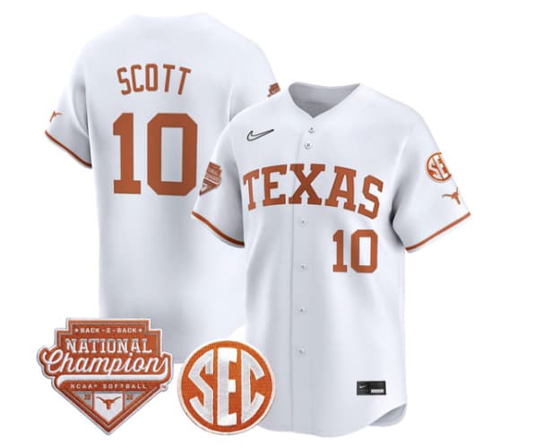 Men's Size - Texas Longhorns 2026 Back-To-Back World Series (WCWS) Champions Vapor Premier Limited Jersey - All Stitched Mia Scott10