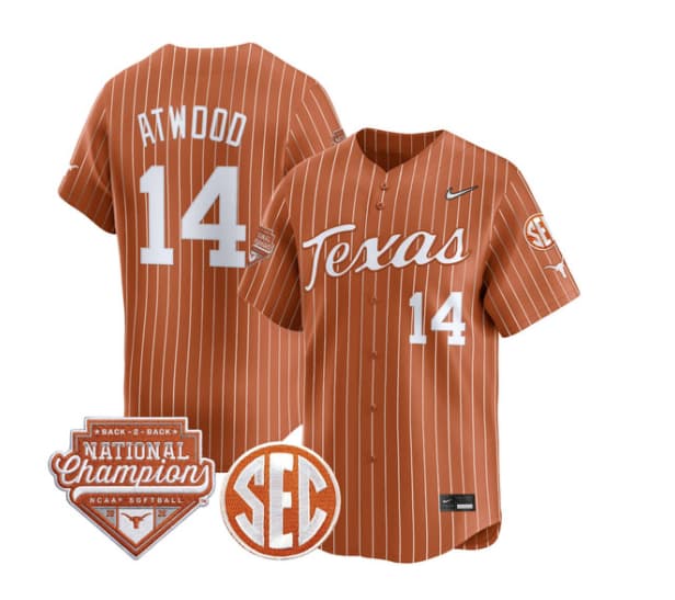 Men's Size - Texas Longhorns 2026 Back-To-Back World Series (WCWS) Champions Vapor Premier Limited Jersey - All Stitched Reese Atwood    14