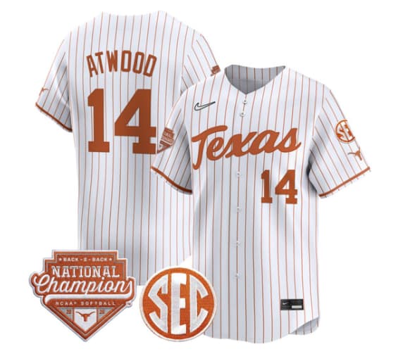 Men's Size - Texas Longhorns 2026 Back-To-Back World Series (WCWS) Champions Vapor Premier Limited Jersey - All Stitched Reese Atwood   14